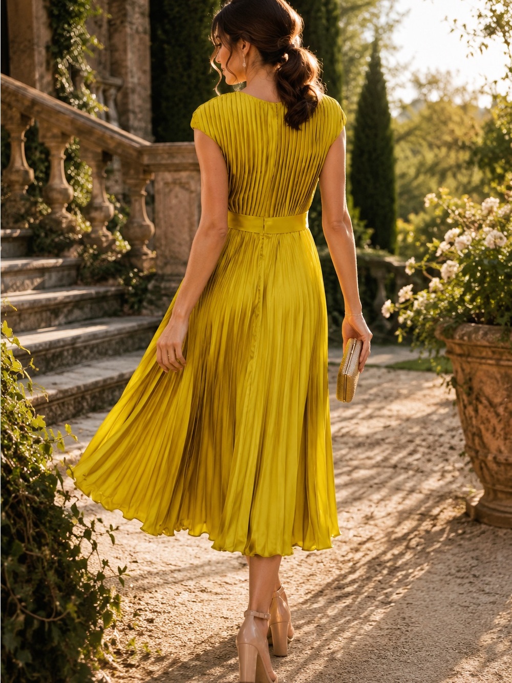 NWT Mac Duggal Chartreuse Pleated Satin Belted Midi Dress Size 8 - Picture 2 of 9